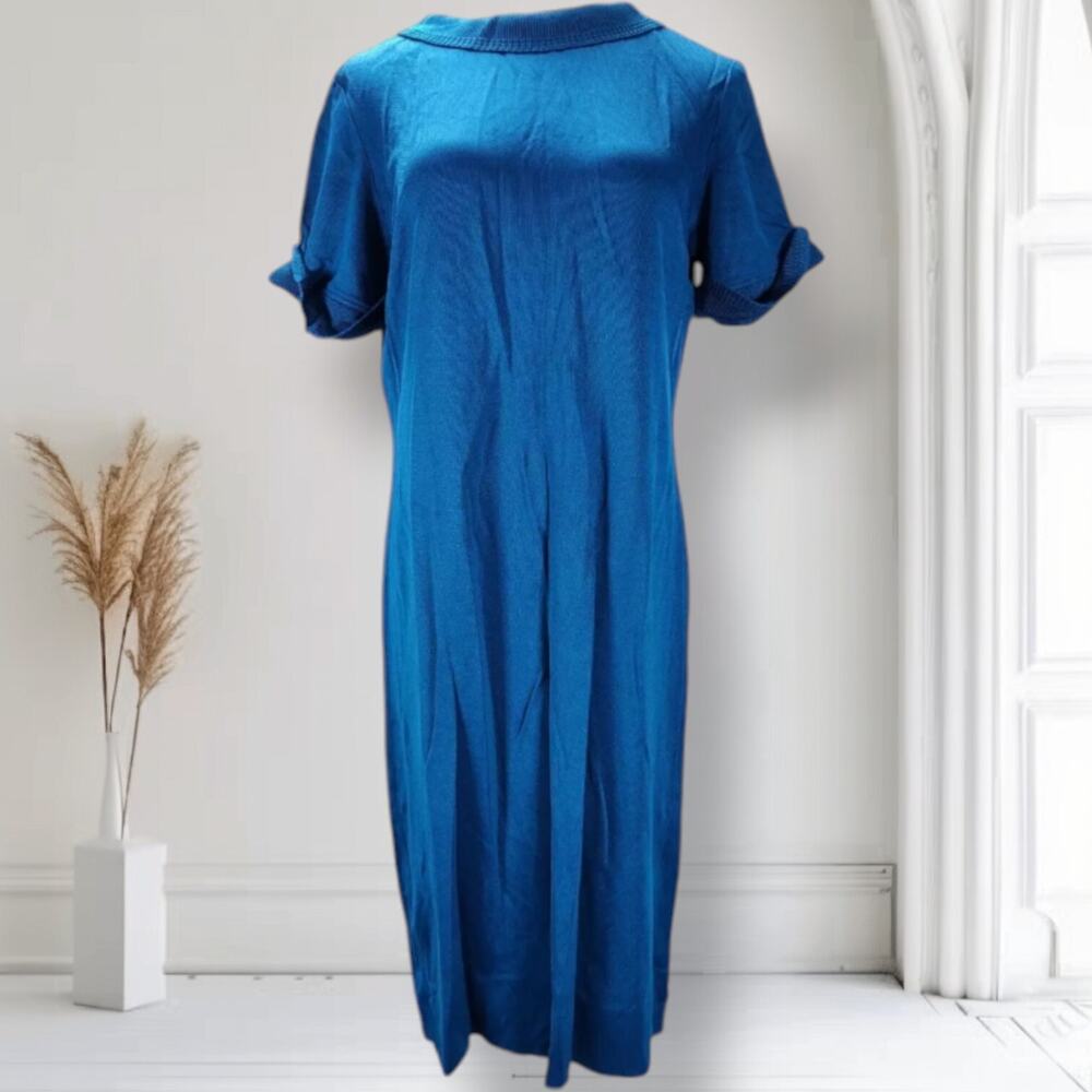 Vintage 60s Mod Knit Shift Dress Blue Union Made Rolled Collar Size XL - Picture 1 of 13